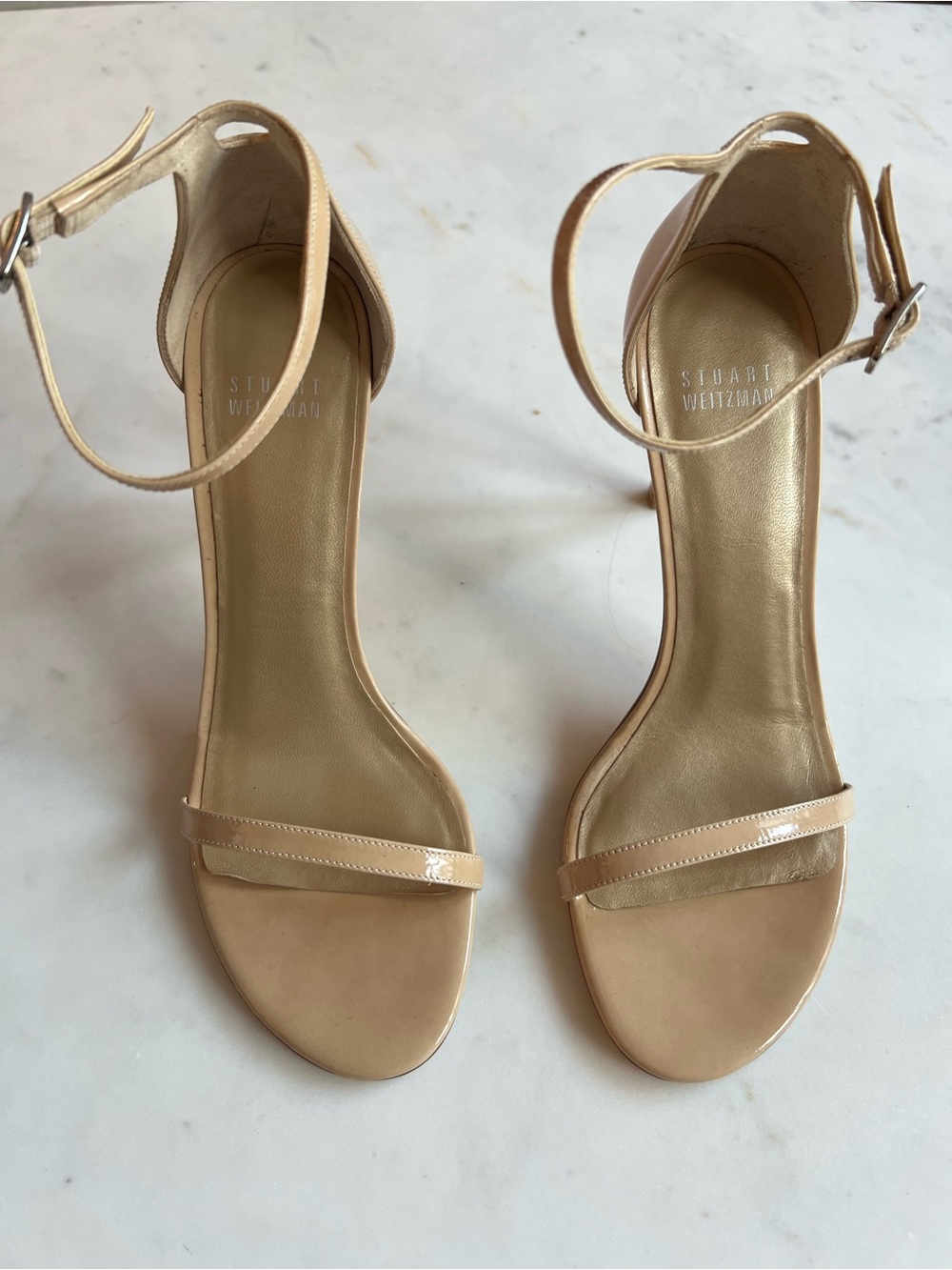 Stuart Weitzman NudistSong (Size 37) - Beige Patent Leather Ankle-Strap Heels